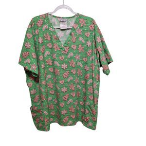 UA‎ Scrubs Womens 4X Gingerbread Gecko Scrub Top Green V Neck Medical Holiday
